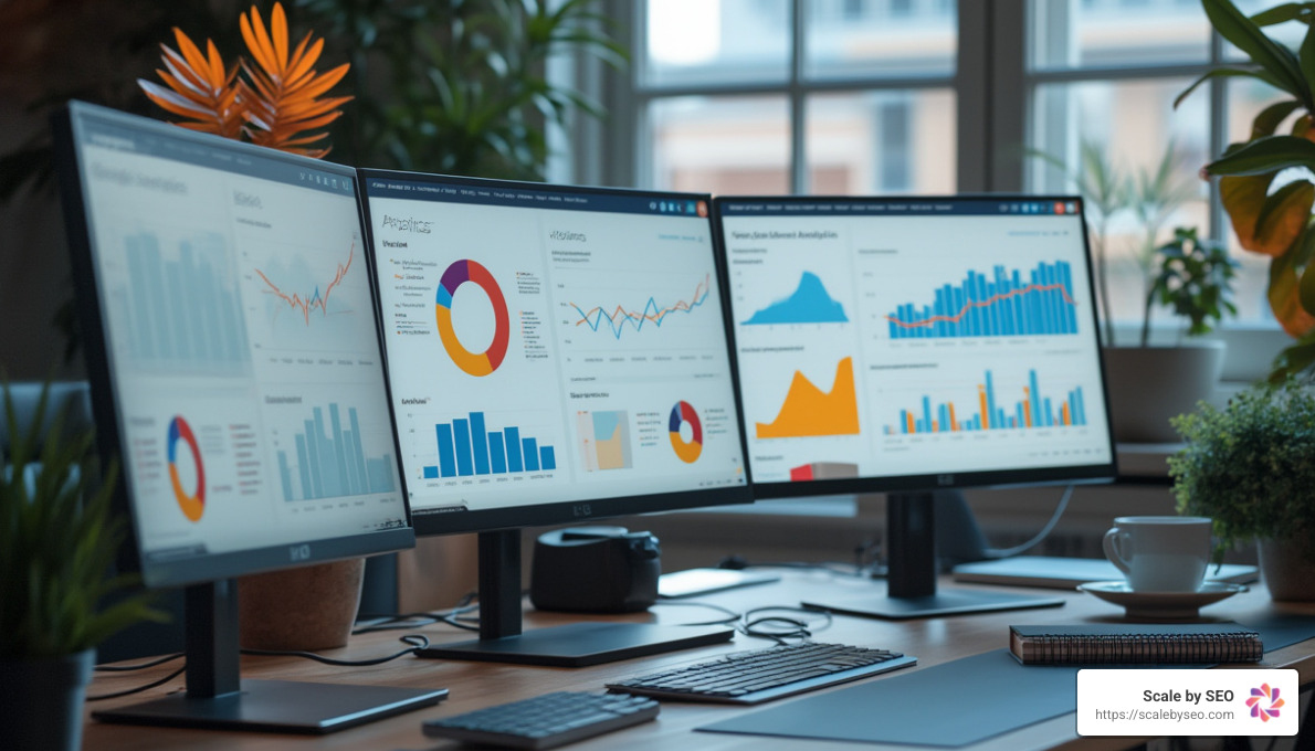 Realistic photo of modern office workspace with multiple computer monitors displaying colorful Google Analytics dashboards, soft natural lighting from large windows, coffee cup and notebook on desk - using google analytics to track seo performance Realistic photo of modern office workspace with multiple computer monitors displaying colorful Google Analytics dashboards, soft natural lighting from large windows, coffee cup and notebook on desk - using google analytics to track seo performance