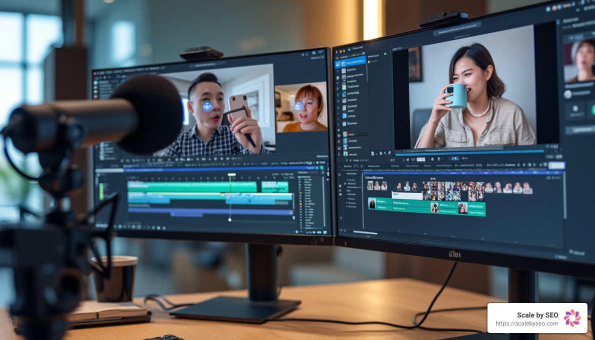 realistic photo of content creator workspace with dual monitors, one showing Instagram interface and other showing video editing software, professional microphone and camera visible - video distribution platforms realistic photo of content creator workspace with dual monitors, one showing Instagram interface and other showing video editing software, professional microphone and camera visible - video distribution platforms
