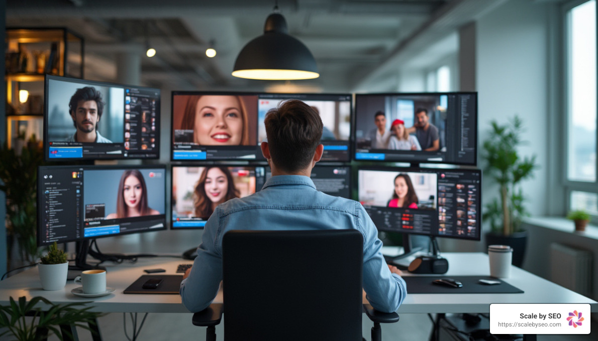 Realistic photo of social media manager working at desk with multiple devices, showing different video platforms (YouTube, TikTok, Instagram) across screens, modern office environment - video distribution platforms Realistic photo of social media manager working at desk with multiple devices, showing different video platforms (YouTube, TikTok, Instagram) across screens, modern office environment - video distribution platforms