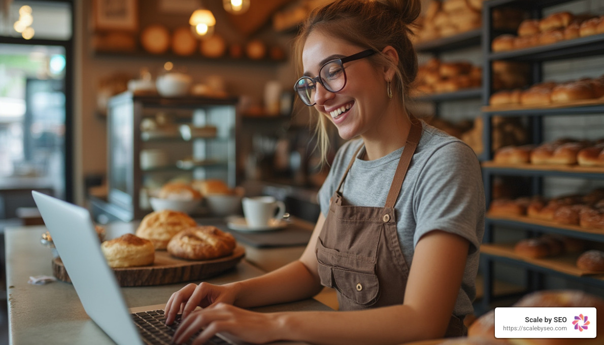 realistic photo of bakery owner showing website on laptop - seo for small businesses realistic photo of bakery owner showing website on laptop - seo for small businesses