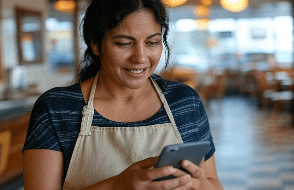 woman looking at smartphone - best way to show up in local searches near me