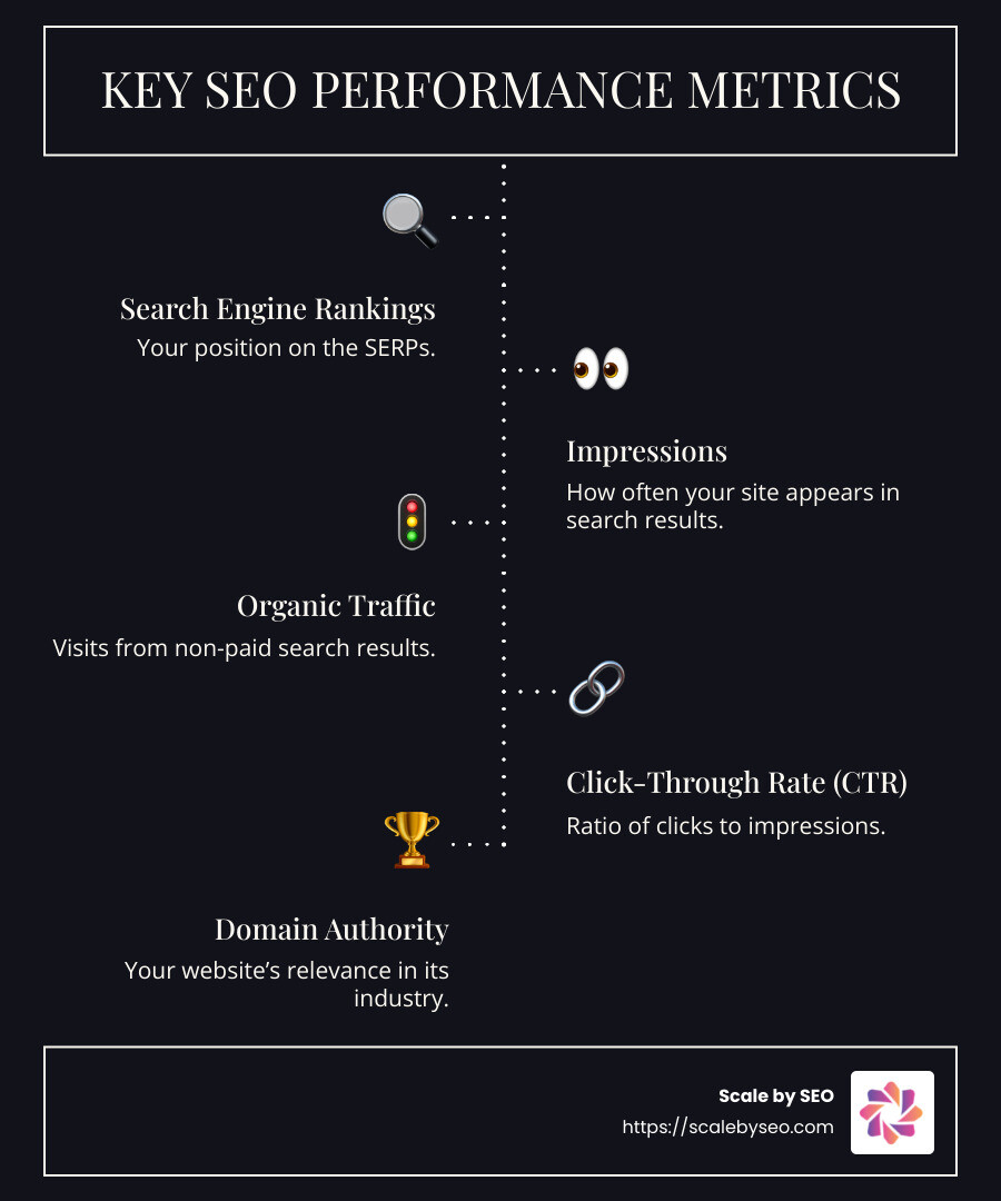 Infographic explaining key SEO metrics with visual icons for each metric - seo measure performance infographic infographic-line-5-steps-dark Infographic explaining key SEO metrics with visual icons for each metric - seo measure performance infographic infographic-line-5-steps-dark
