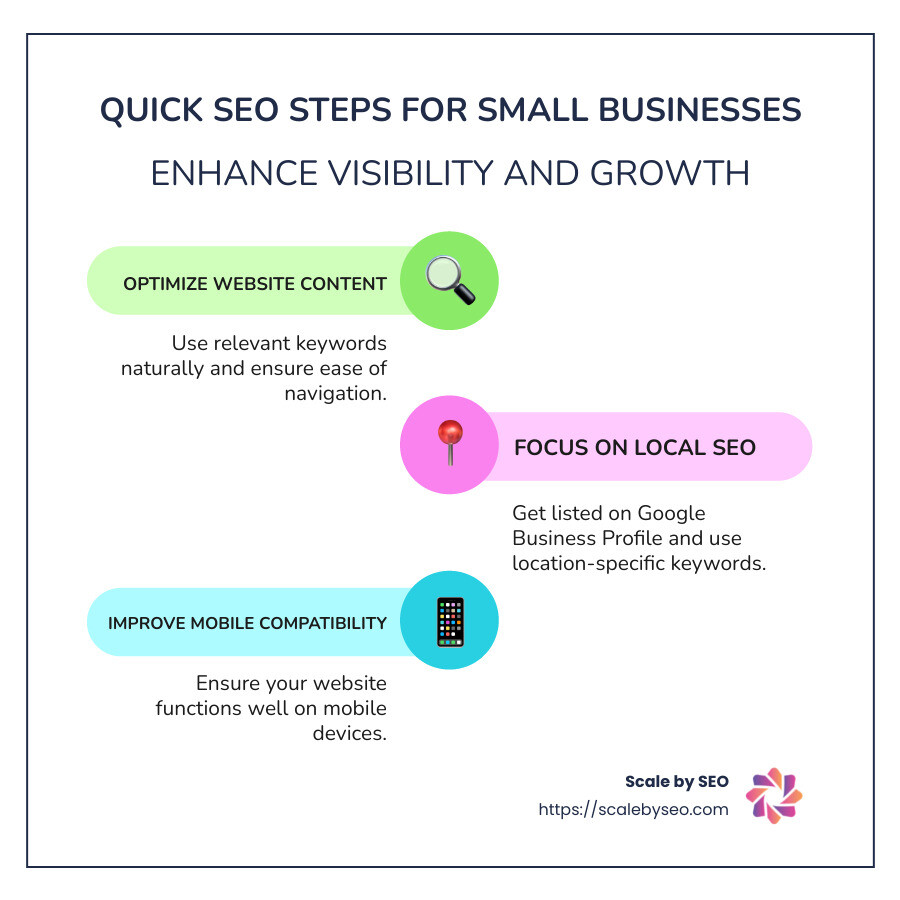 Infographic detailing steps for improving online visibility for small businesses through effective SEO strategies, highlighting website optimization, local SEO, and mobile compatibility. - seo for small businesses infographic infographic-line-3-steps-colors Infographic detailing steps for improving online visibility for small businesses through effective SEO strategies, highlighting website optimization, local SEO, and mobile compatibility. - seo for small businesses infographic infographic-line-3-steps-colors