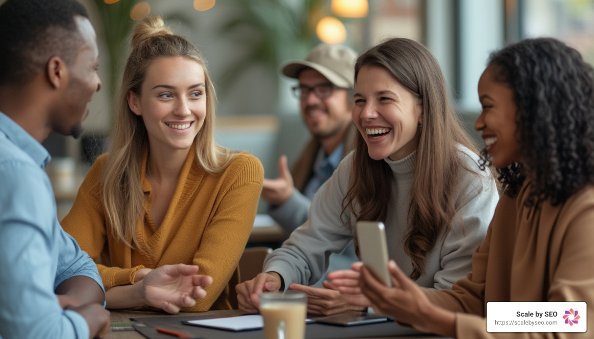 Realistic photo of diverse group of people engaging in conversation, symbolizing word-of-mouth recommendations in marketing - content distribution marketing