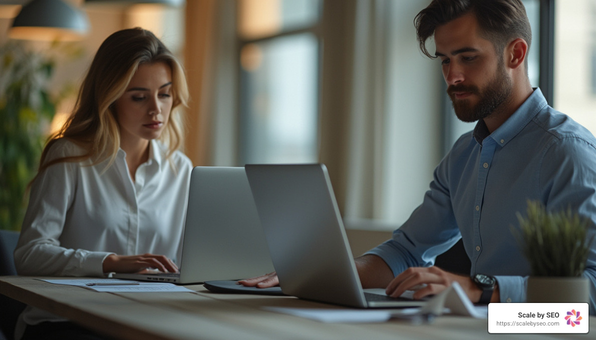 Realistic photo of man and woman with laptops in office - Boost website traffic