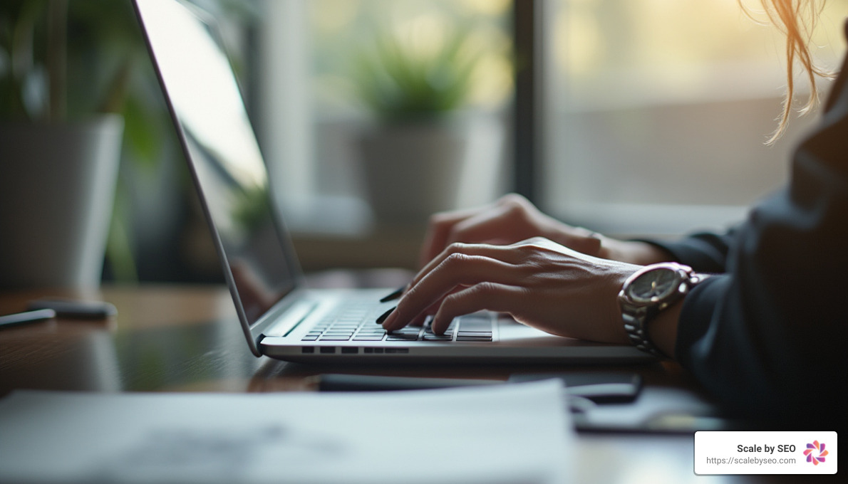photorealistic image of person typing on laptop - SEO-friendly product descriptions