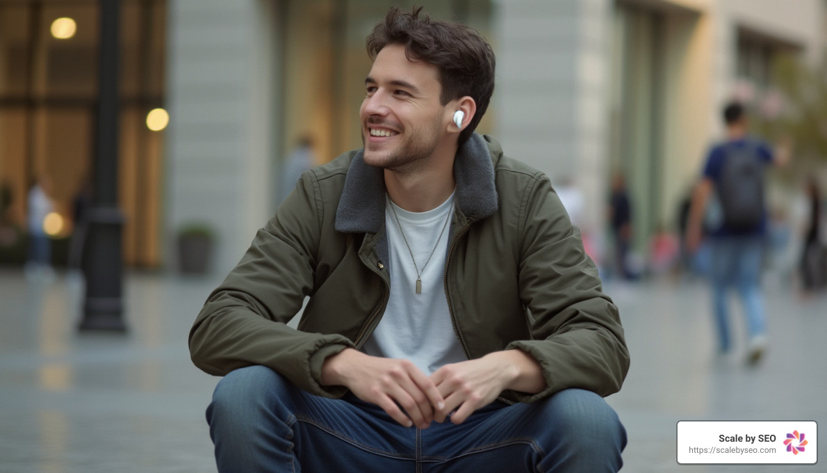 realistic photo of person listening to music on airpods - content marketing strategy example realistic photo of person listening to music on airpods - content marketing strategy example
