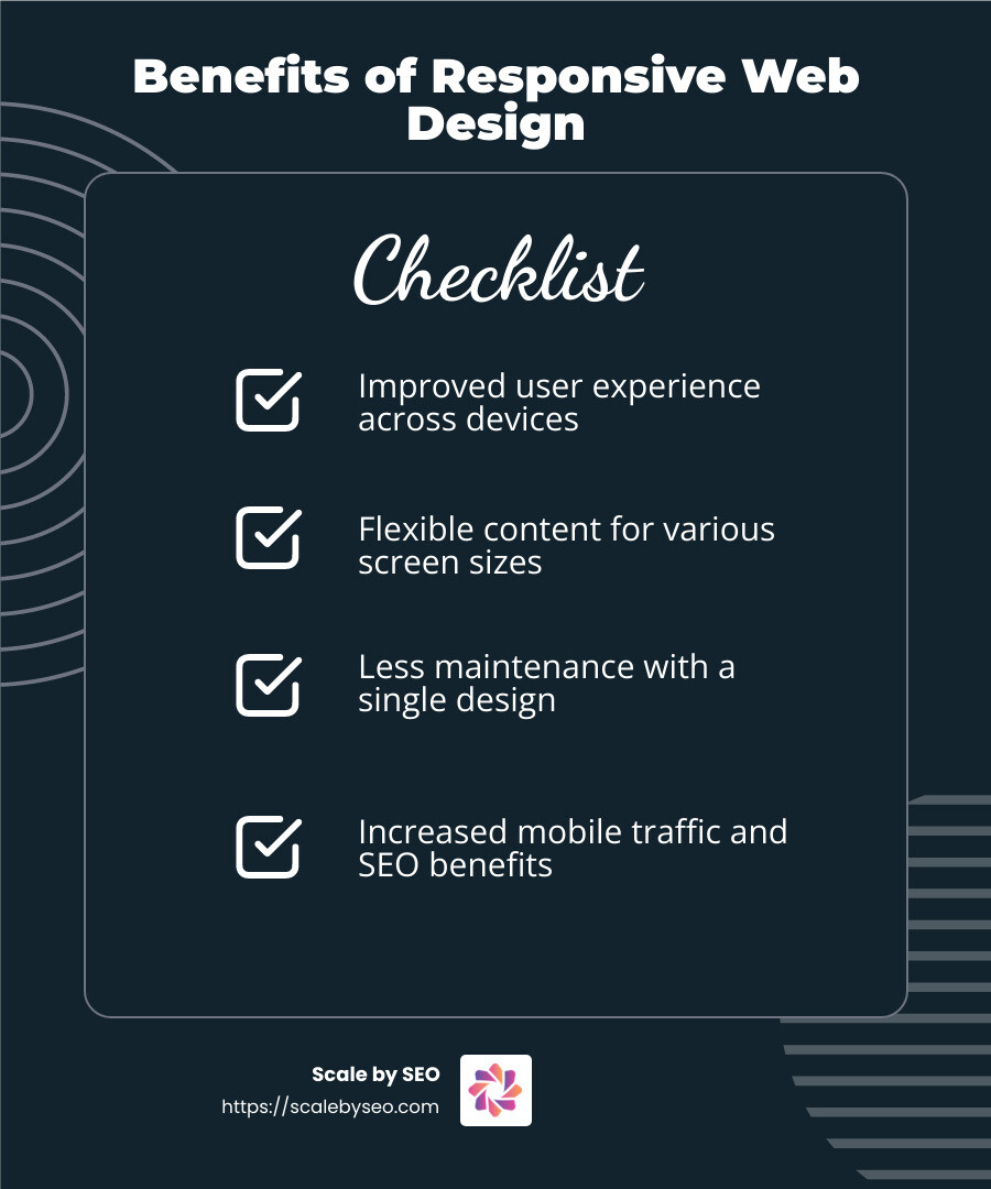 Infographic showing the benefits of responsive web design: improved user experience, flexible content across devices, less maintenance, increased mobile traffic, and Google recommendation - internet marketing solutions infographic checklist-dark-blue