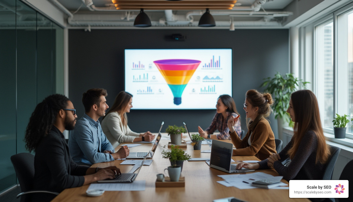 realistic photo of digital marketing strategy meeting in progress, conference room with large screen showing marketing funnel presentation, diverse team engaged in discussion - internet marketing solutions
