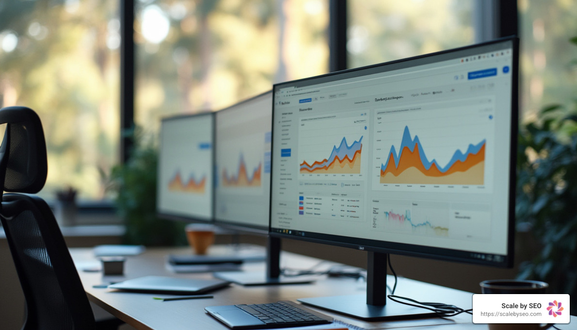 Realistic photo of modern office workspace with multiple computer monitors displaying colorful Google Analytics dashboards, soft natural lighting from large windows, coffee cup and notebook on desk - using google analytics to track seo performance Realistic photo of modern office workspace with multiple computer monitors displaying colorful Google Analytics dashboards, soft natural lighting from large windows, coffee cup and notebook on desk - using google analytics to track seo performance