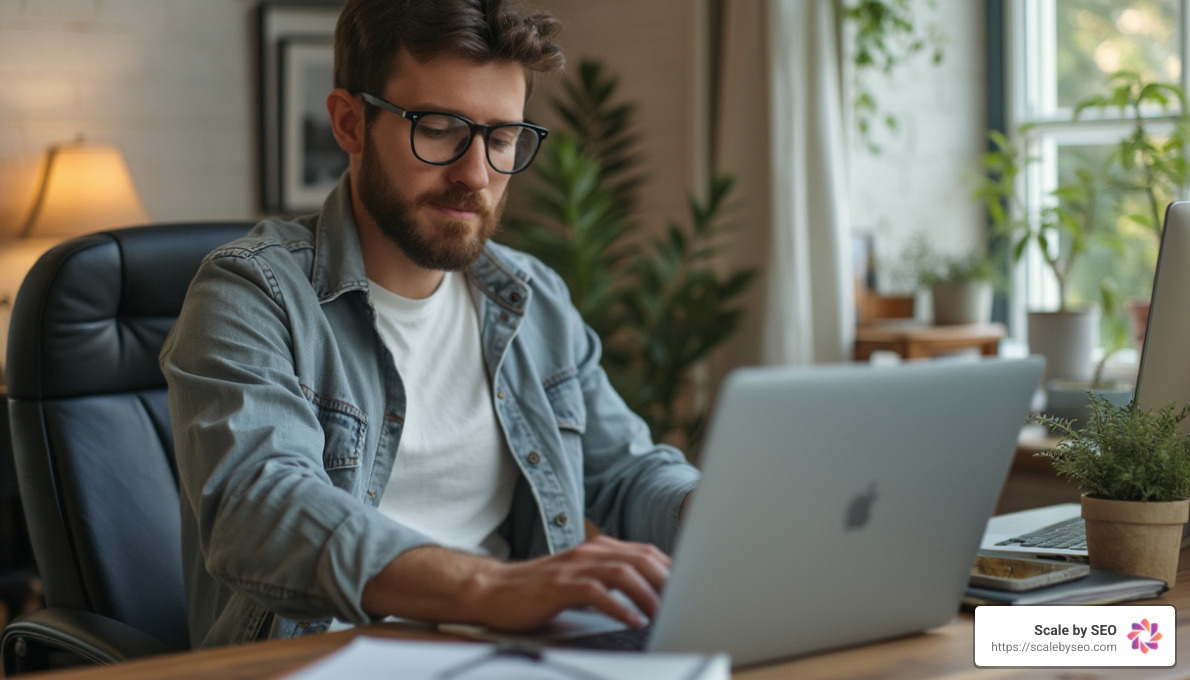 Realistic photo of a male blogger working on a laptop in a home office, with a cozy setup including a desk, chair, and indoor plant in the background - Effective backlink strategies
