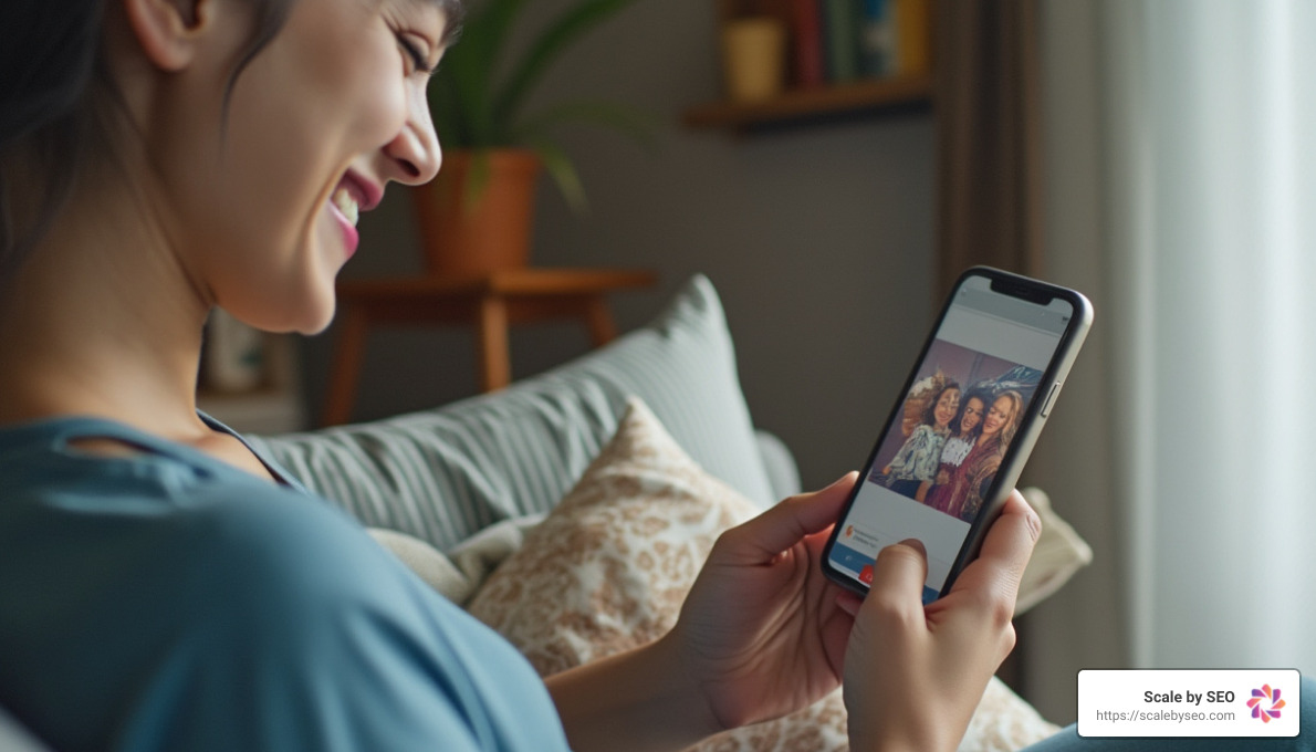 person smiling at meme on phone - content marketing strategy example person smiling at meme on phone - content marketing strategy example