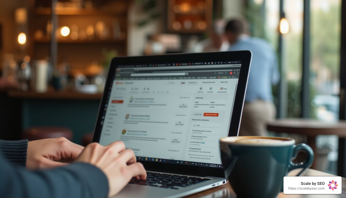 Realistic photo of a person typing on a laptop at a coffee shop, with multiple browser tabs open showing Google Search Console and content management systems - Improve search rankings