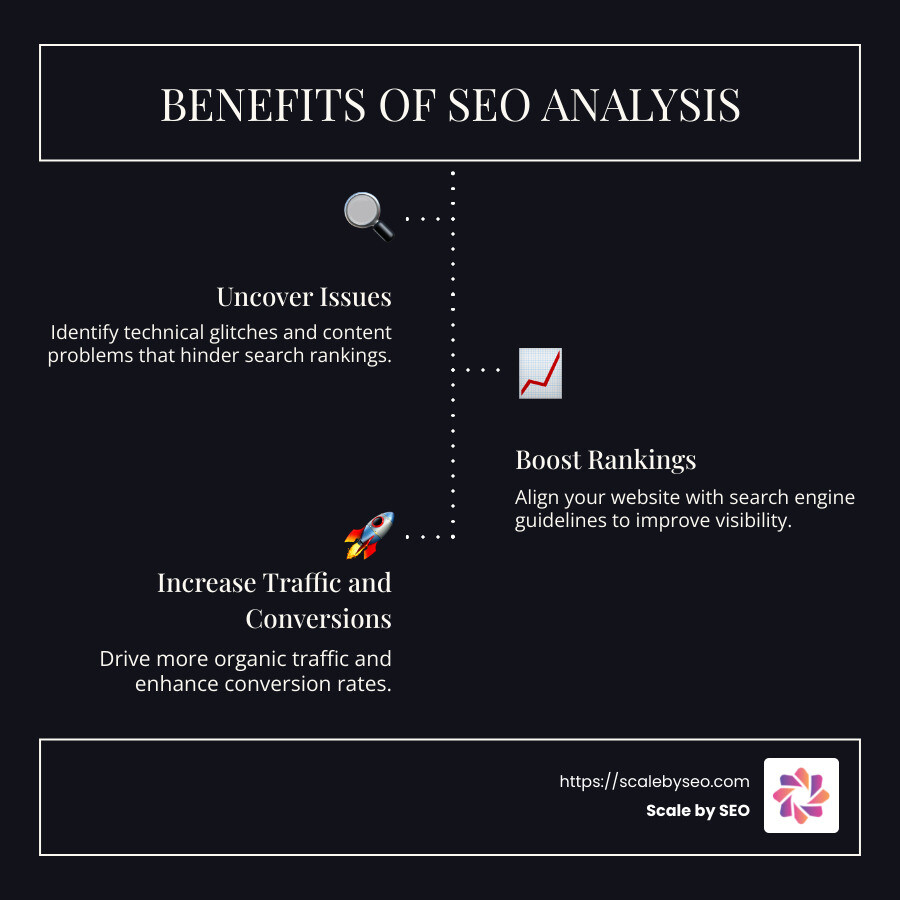 Infographic showing benefits of SEO analysis: 1. Uncover issues, 2. Boost rankings, 3. Increase traffic and conversions - seo analysis infographic infographic-line-3-steps-dark