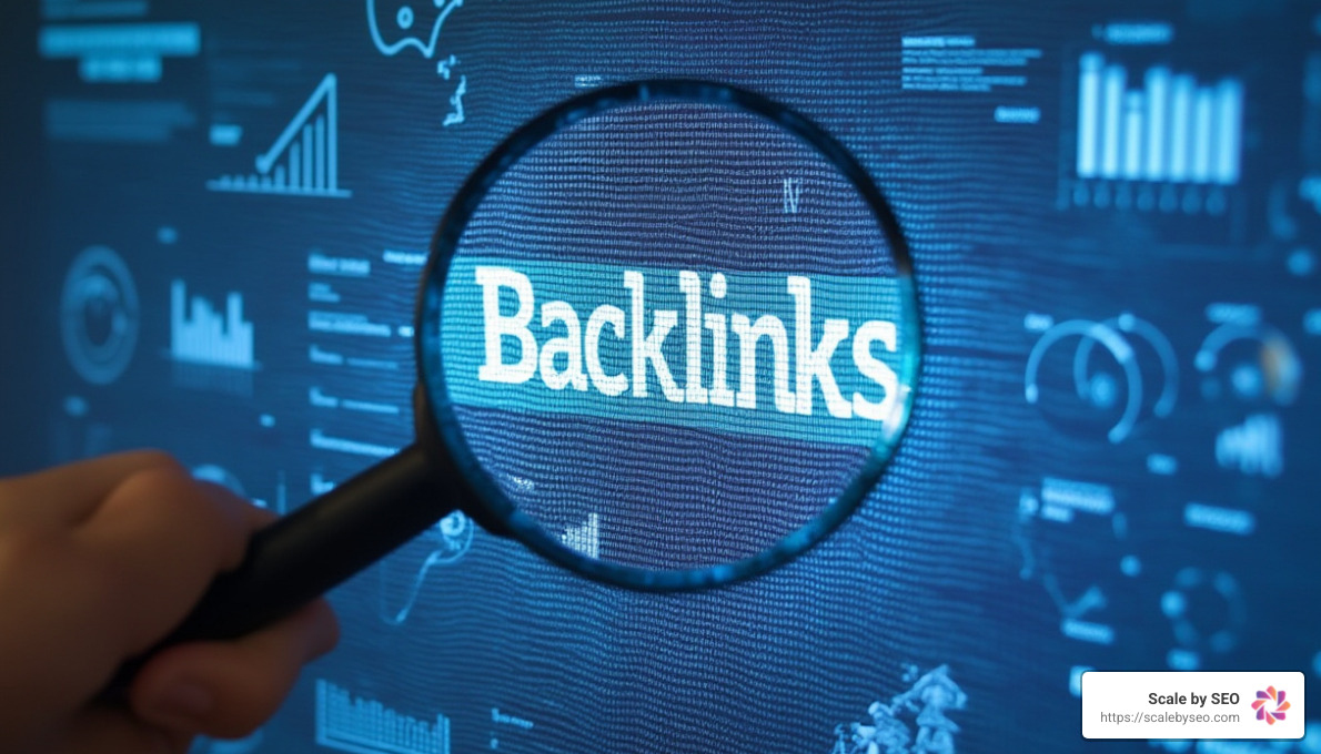 A magnifying glass hovering over the word "Backlinks" on a digital interface, symbolizing in-depth SEO analysis - seo backlink analyzer