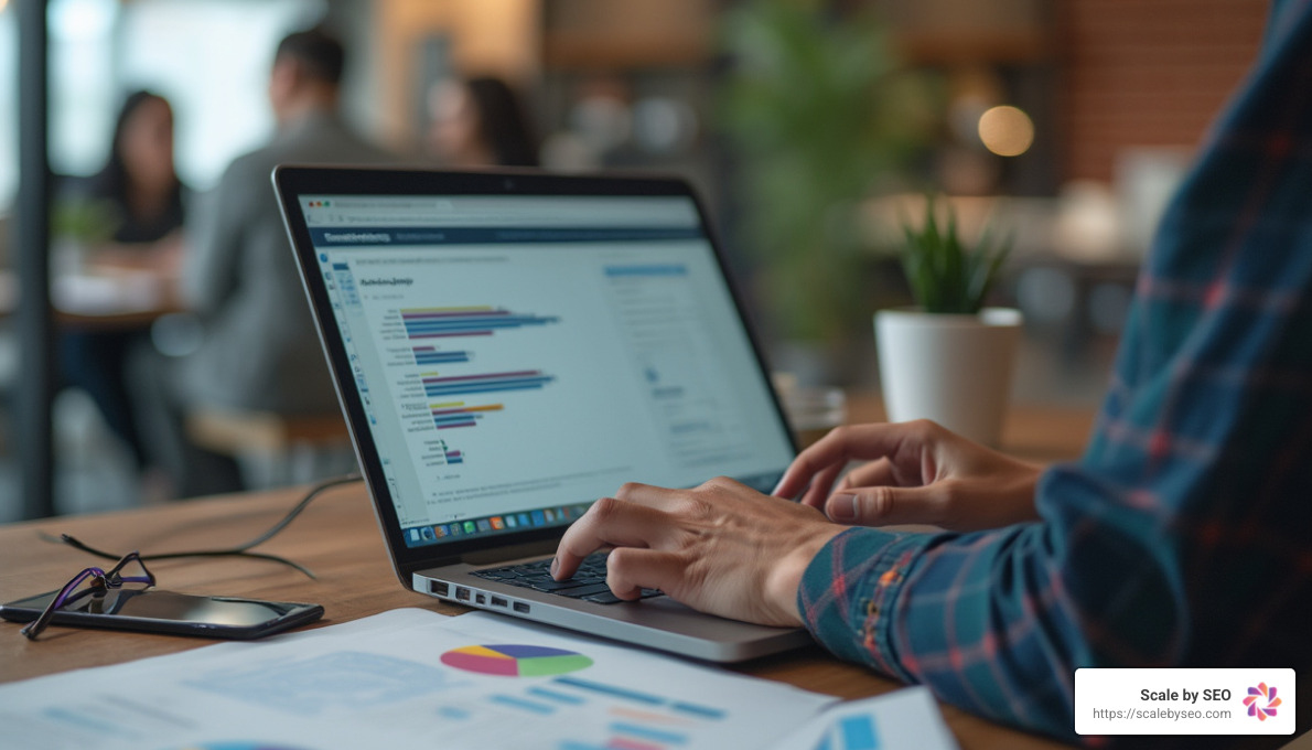 A realistic photo of a person working on a content strategy with a laptop, notes, and charts visible on a desk - content marketing strategy