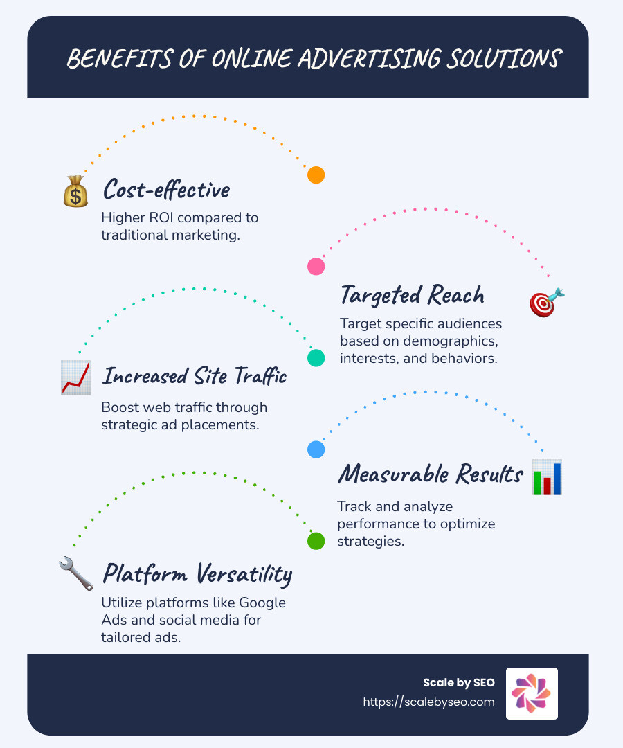 Infographic of online advertising benefits - online advertising solutions infographic infographic-line-5-steps-blues-accent_colors