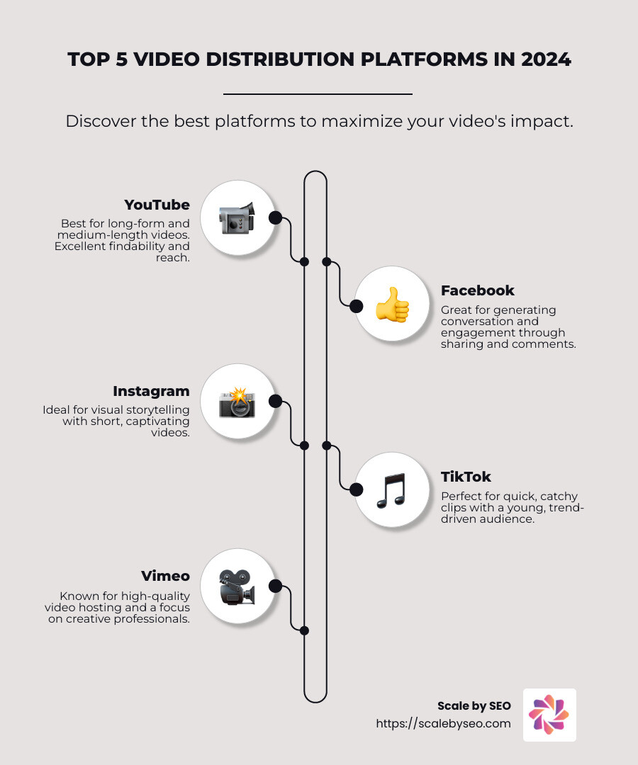Infographic highlighting the top 5 platforms: YouTube, Facebook, Instagram, TikTok, Vimeo. Details include engagement levels, audience types, and content formats. - video distribution platforms infographic infographic-line-5-steps-neat_beige Infographic highlighting the top 5 platforms: YouTube, Facebook, Instagram, TikTok, Vimeo. Details include engagement levels, audience types, and content formats. - video distribution platforms infographic infographic-line-5-steps-neat_beige
