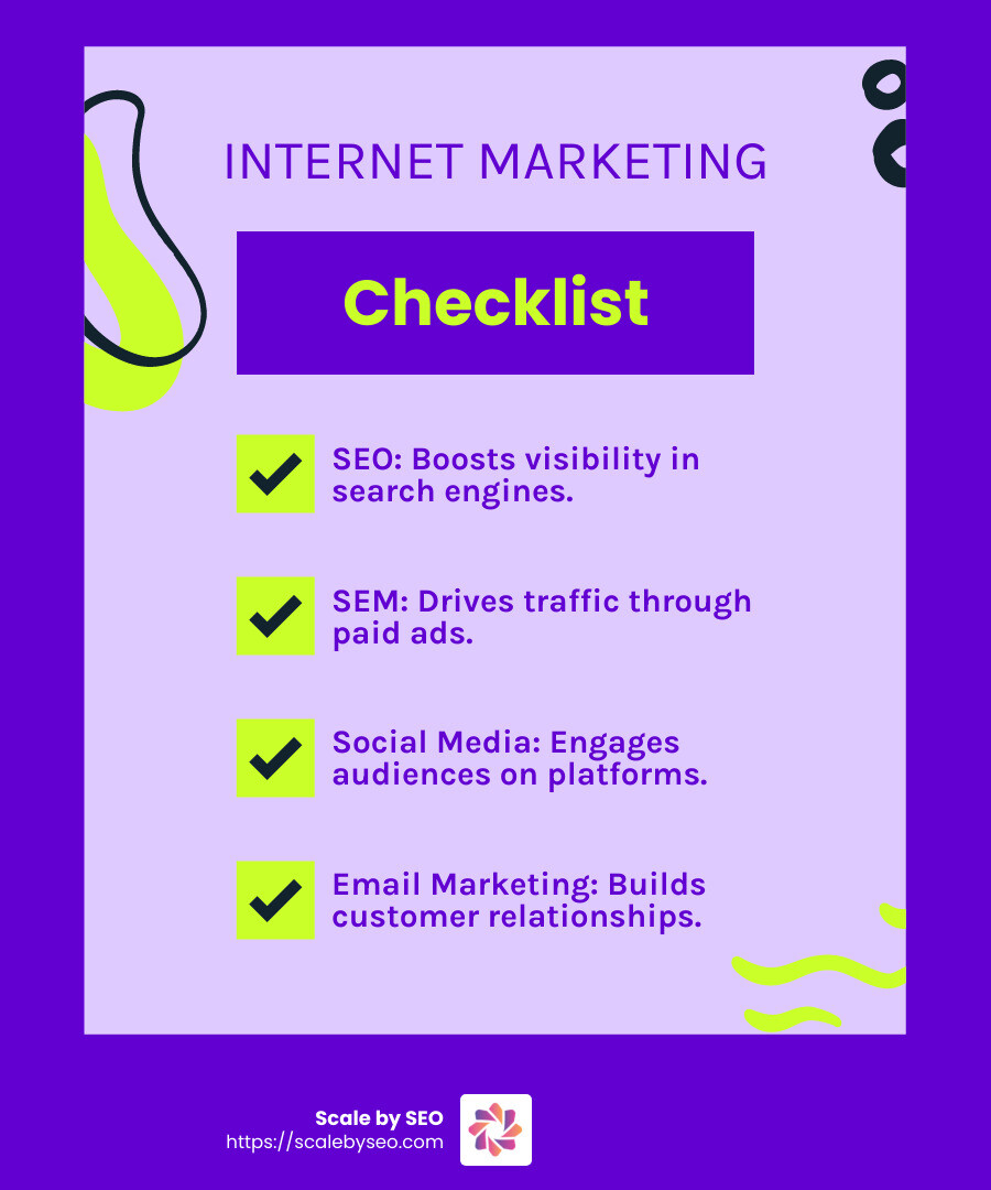 Infographic illustrating the essential components of internet marketing solutions with icons and concise descriptions: SEO, SEM, social media marketing, email marketing, content marketing, and mobile marketing, highlighting accessibility, engagement, and customer relationship building. - internet marketing solutions infographic 6_facts_simple_design - internet marketing solutions infographic checklist-fun-neon
