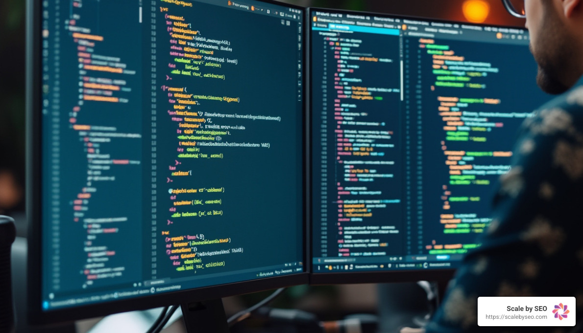 A realistic photo of a web developer working with multiple code windows open, showing minified and unminified JavaScript code side by side on a large monitor - Optimize website loading speed