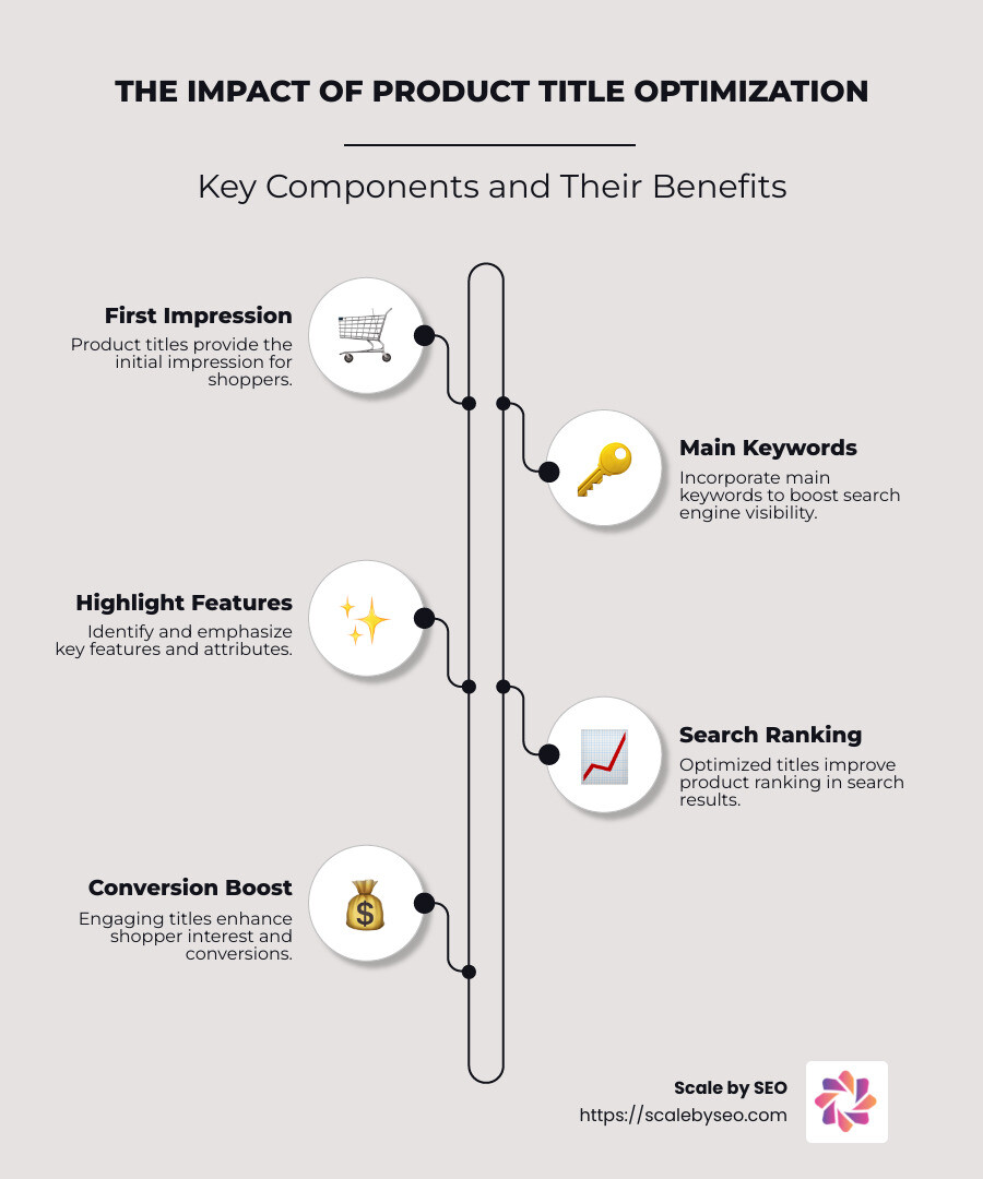 infographic about product title importance and key components: initial impression of product titles, major impact on shopper decisions and conversions, essential components such as main keywords, key features, and distinguishing attributes, significance in boosting search engine visibility - product title optimization infographic infographic-line-5-steps-neat_beige