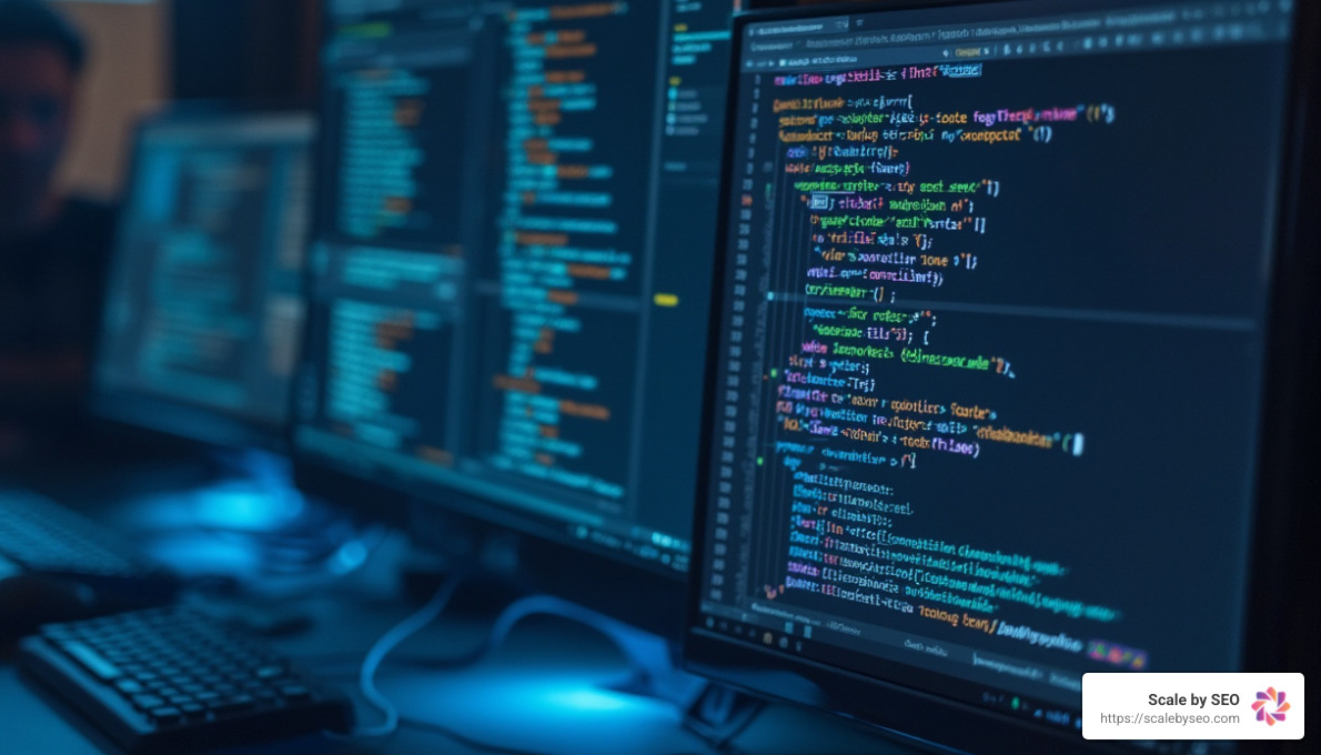 Realistic photo of technical SEO audit in progress, command line interface visible, dark mode terminal, blue light from screens - best backlink provider