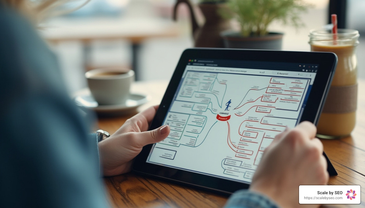 Realistic photo of person creating content sitemap on tablet, mind mapping software visible, coffee shop setting, natural lighting - best backlink provider