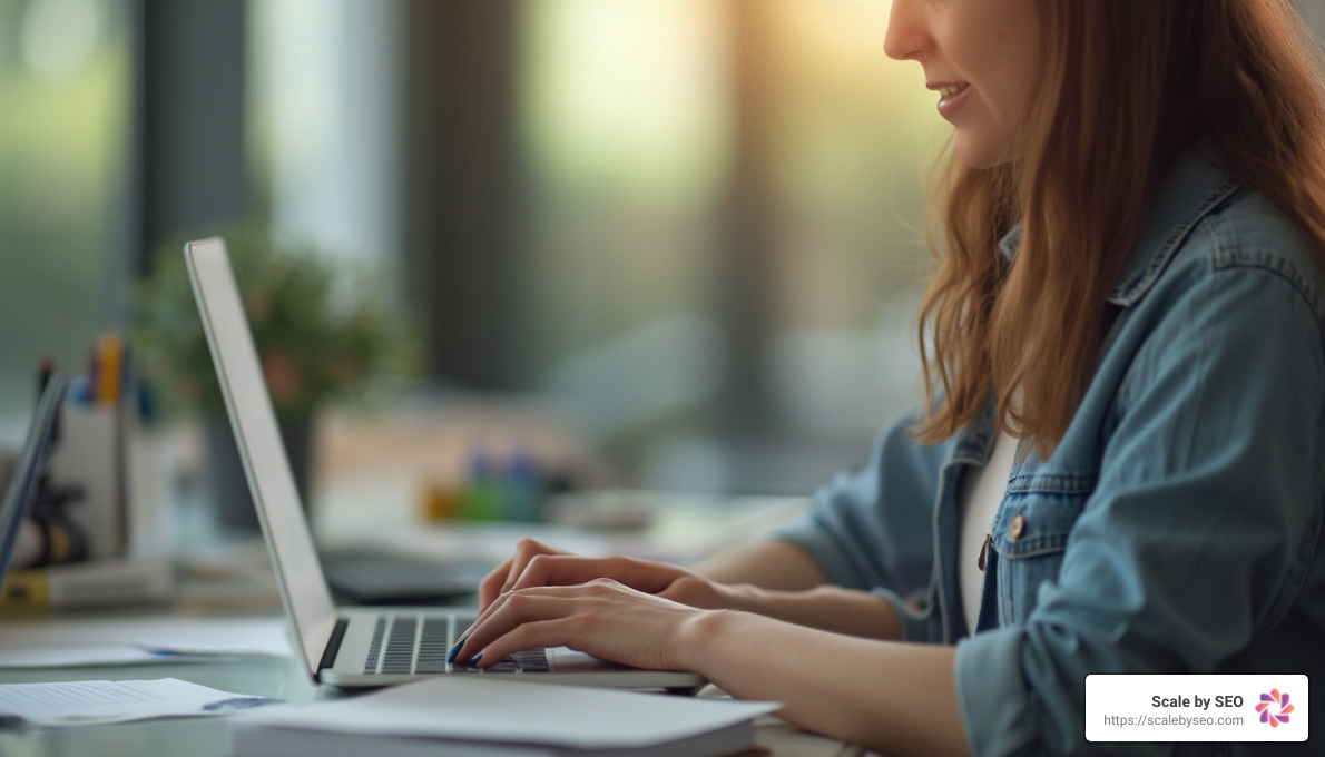 realistic stock photo of woman typing on laptop - seo content writing