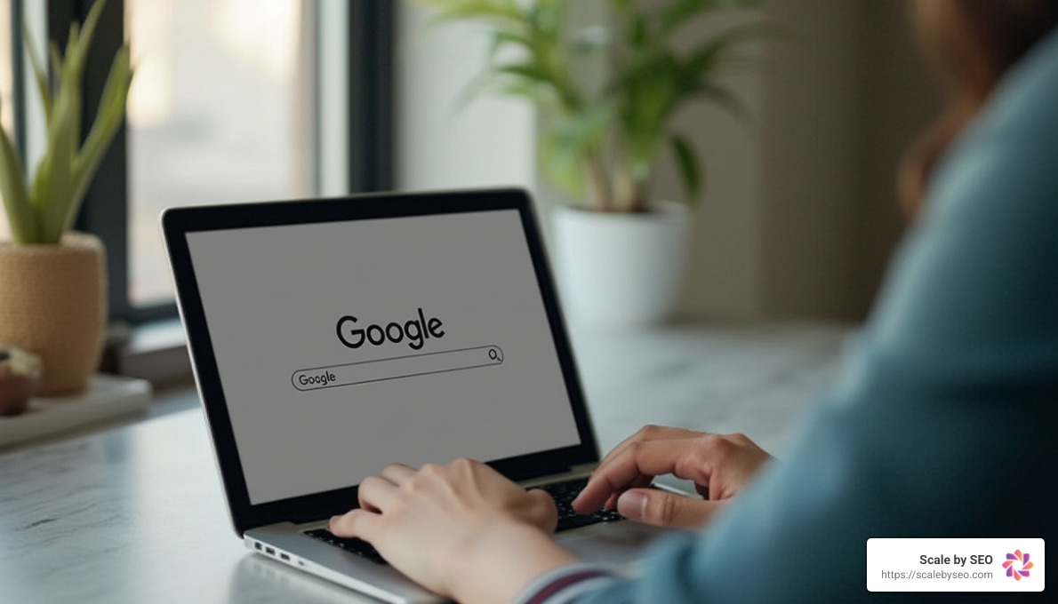 Realistic photo of a person using a laptop with Google search suggestions on the screen - seo strategy Realistic photo of a person using a laptop with Google search suggestions on the screen - seo strategy