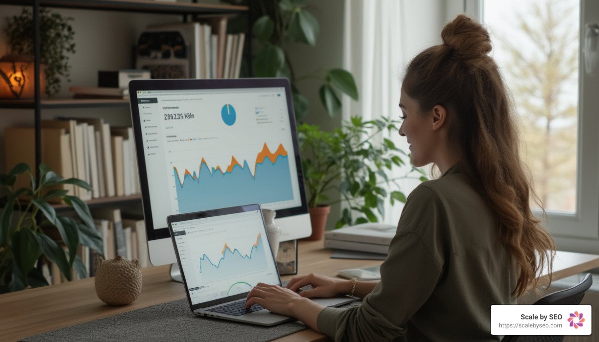 Realistic photo of a female business owner sitting at a laptop in a modern home office, analyzing Shopify store traffic using Google Analytics - SEO for Shopify stores Realistic photo of a female business owner sitting at a laptop in a modern home office, analyzing Shopify store traffic using Google Analytics - SEO for Shopify stores