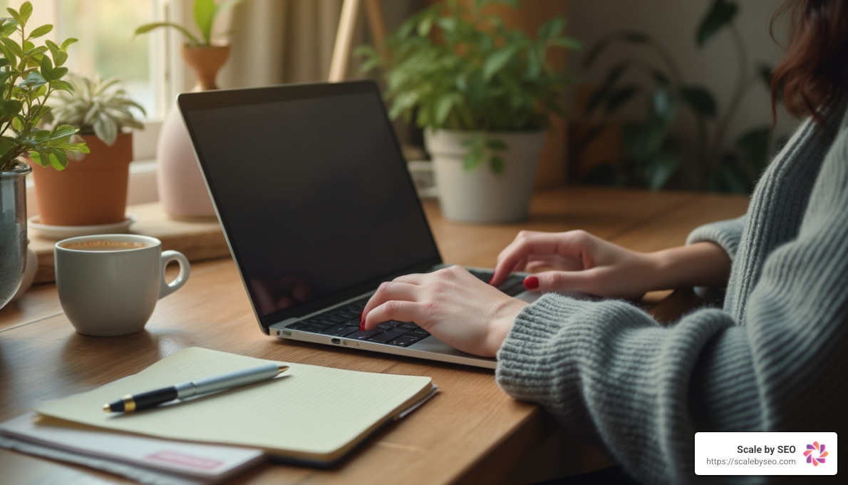 blogger typing blog post on laptop - Effective backlink strategies