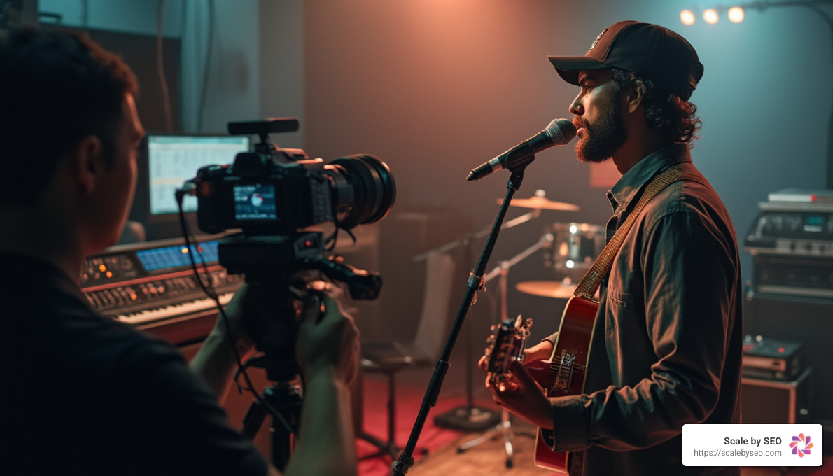 realistic photo of musician recording music video in professional studio, camera crew visible, professional lighting setup, recording equipment in background - video distribution platforms realistic photo of musician recording music video in professional studio, camera crew visible, professional lighting setup, recording equipment in background - video distribution platforms