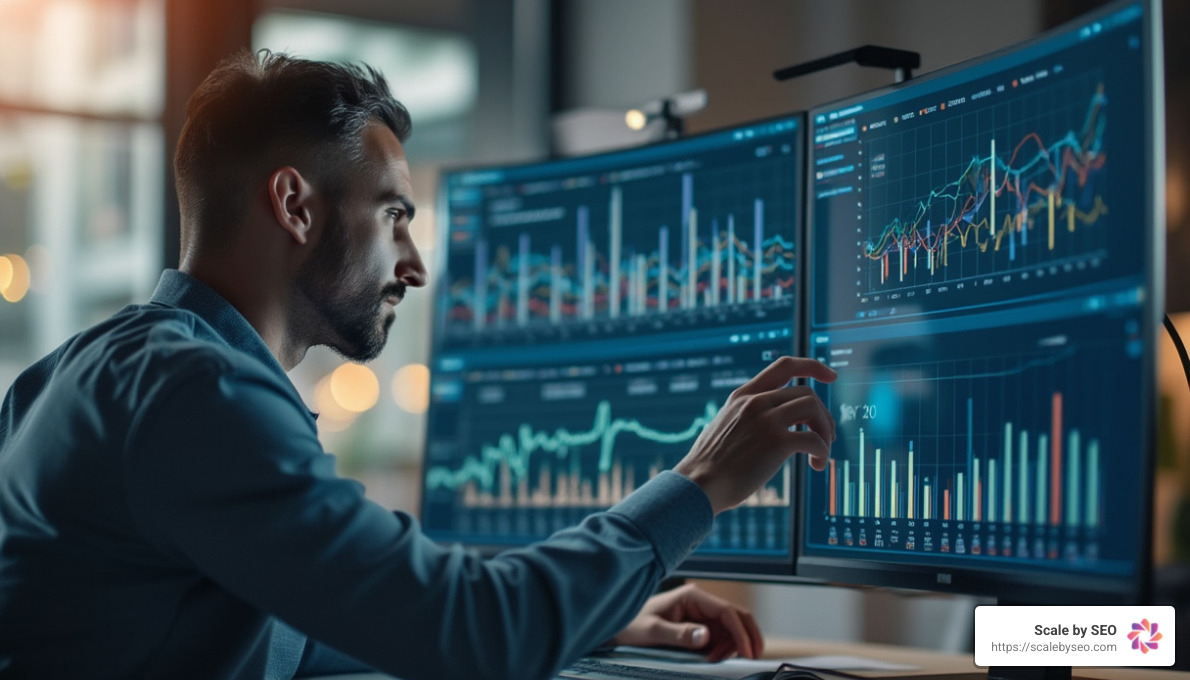AI image of man working with graphs and charts - how to track performance of technical seo