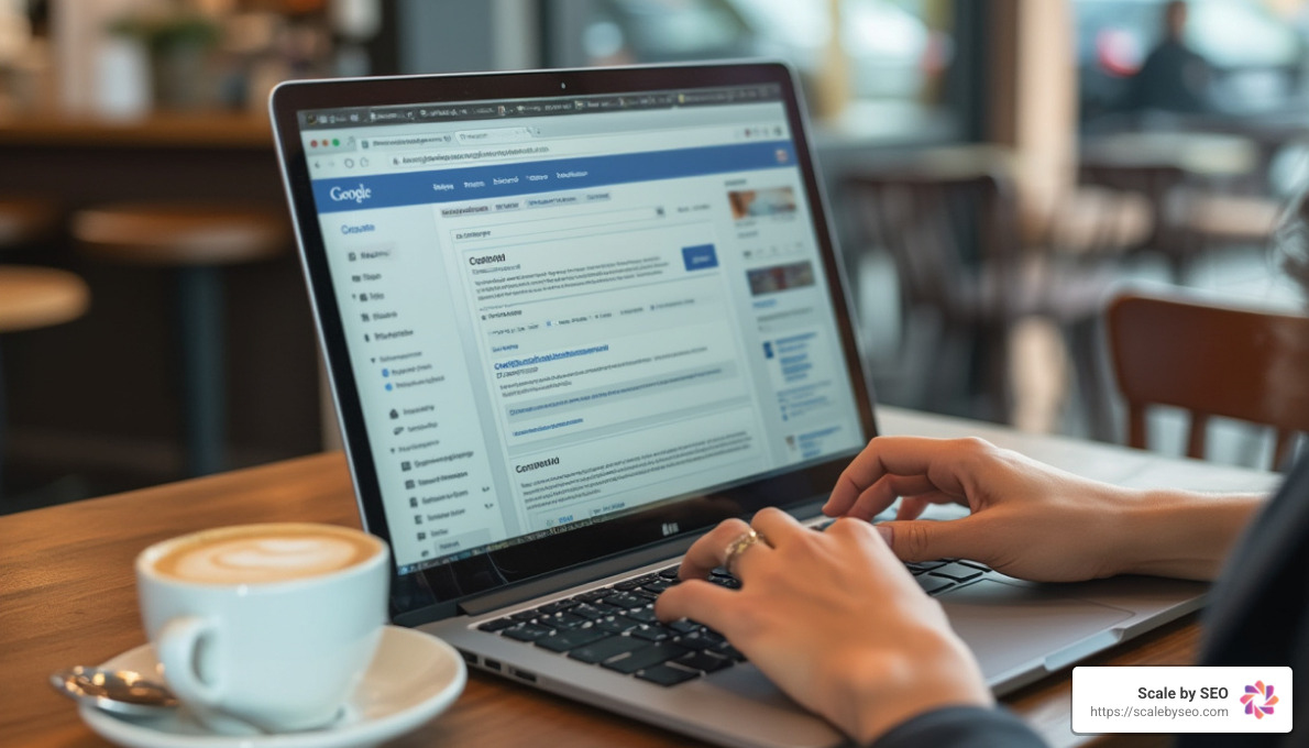 Realistic photo of a person typing on a laptop at a coffee shop, with multiple browser tabs open showing Google Search Console and content management systems - Improve search rankings