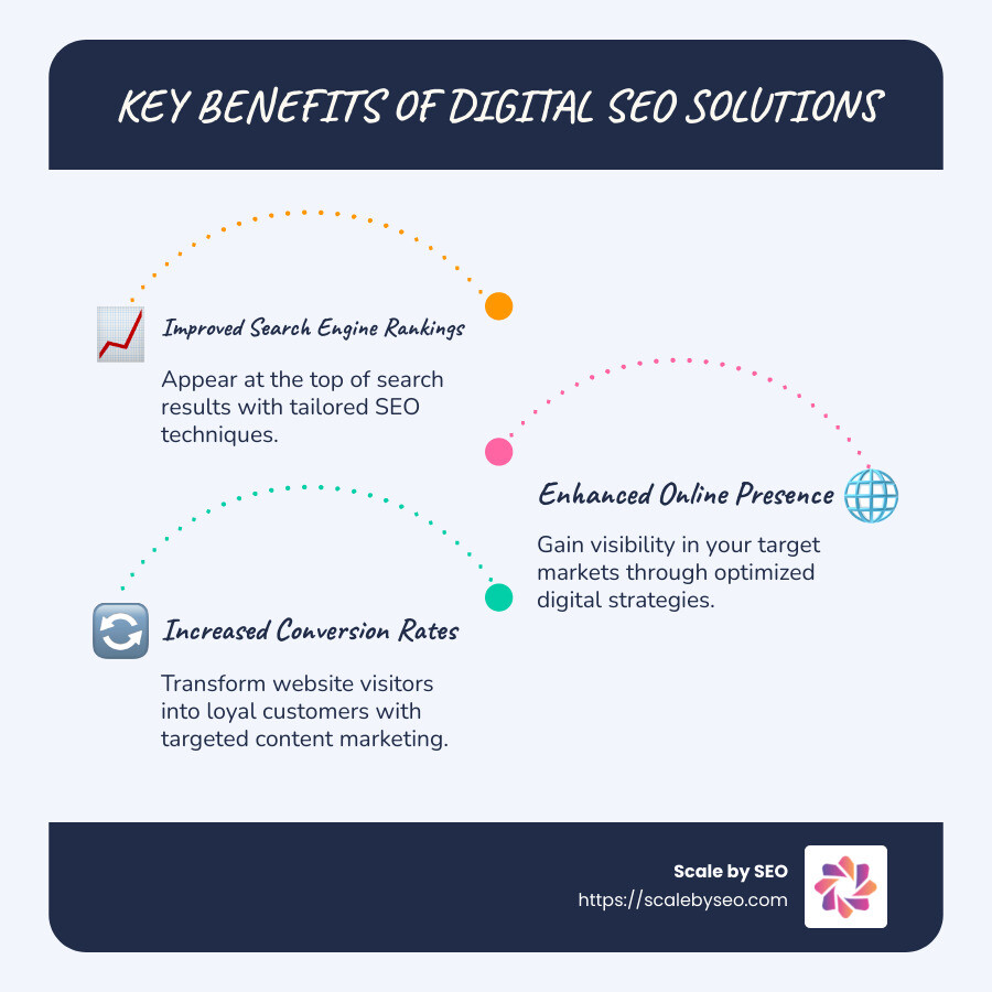 Digital SEO Solutions Key Points Infographic: Improved Search Engine Rankings, Improved Online Presence, Increased Conversion Rates - digital seo solutions infographic infographic-line-3-steps-blues-accent_colors