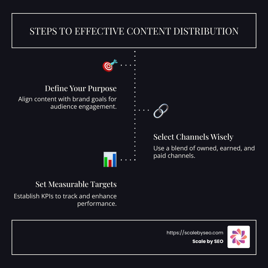 Infographic on content distribution strategy steps and benefits - content distribution strategy infographic infographic-line-3-steps-dark