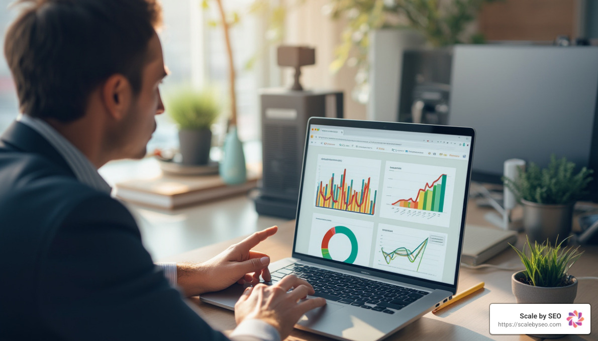 Digital marketing professional analyzing backlink data on a laptop screen, showing a backlink report with charts and graphs - seo backlink analyzer