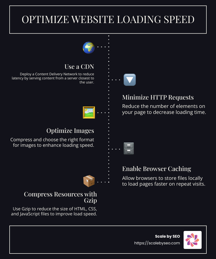 Website optimization strategies infographic with quick tips like using a Content Delivery Network, minimizing HTTP requests, optimizing image sizes, enabling browser caching, and compressing resources with Gzip for faster loading times - Optimize website loading speed infographic infographic-line-5-steps-dark