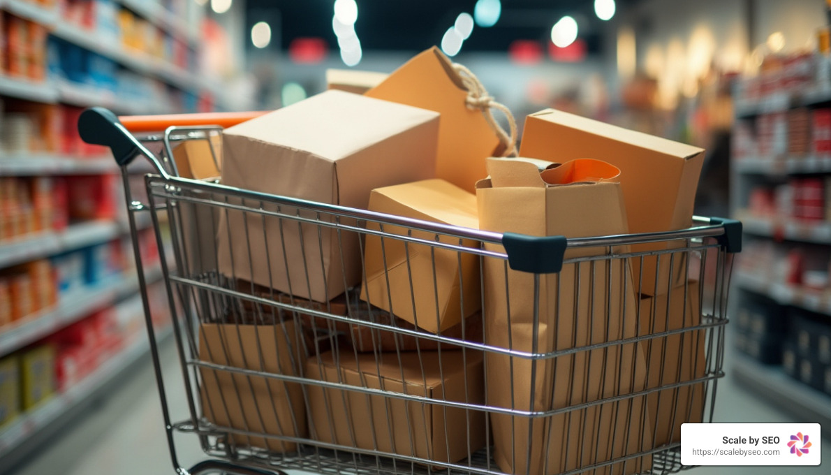 photo of a realistic shopping cart filled with various packages and shopping bags - best practices for ecommerce sites