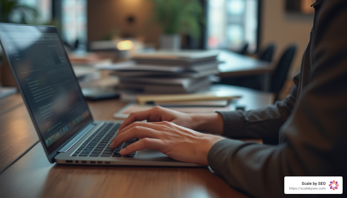 realistic photo of journalist typing on laptop - best backlink provider