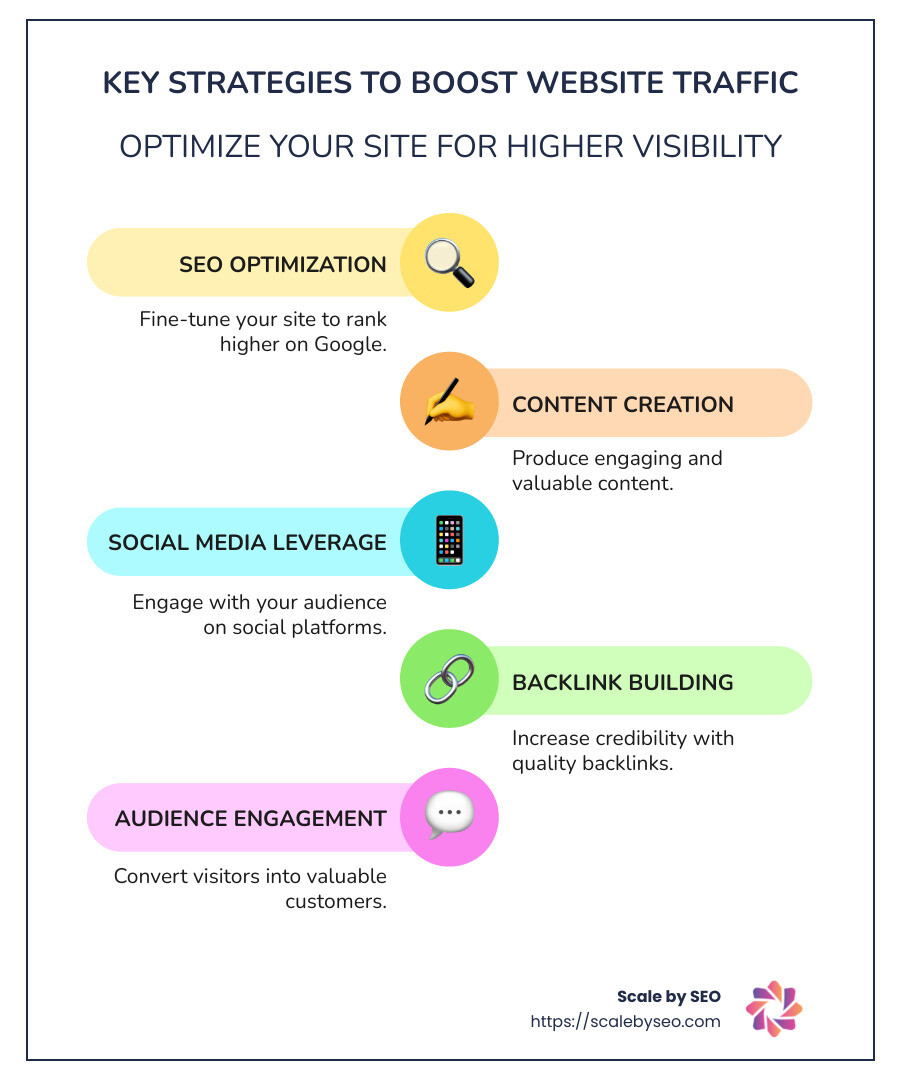 Boost website traffic infographic with key strategies on SEO, content, social media, and backlinks - Boost website traffic infographic infographic-line-5-steps-colors