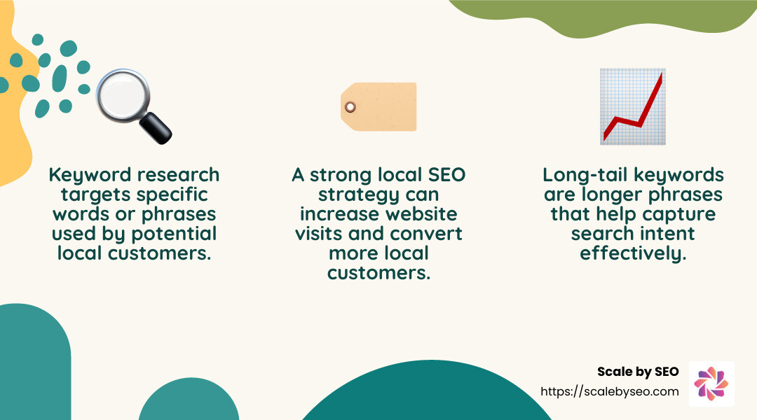 Local SEO strategies infographic with keyword research, long-tail keywords, and search intent targeting - seo services near me infographic 3_facts_emoji_nature