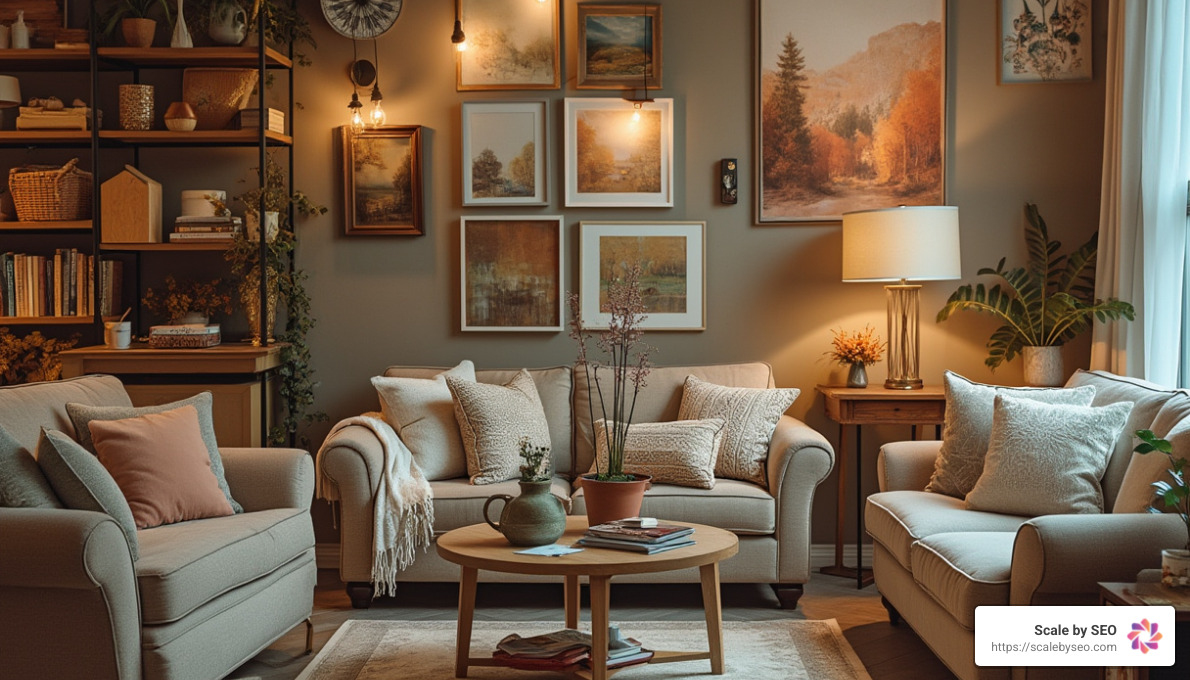 Realistic photo of a well-decorated living room with various home decor items on display - best practices for ecommerce sites