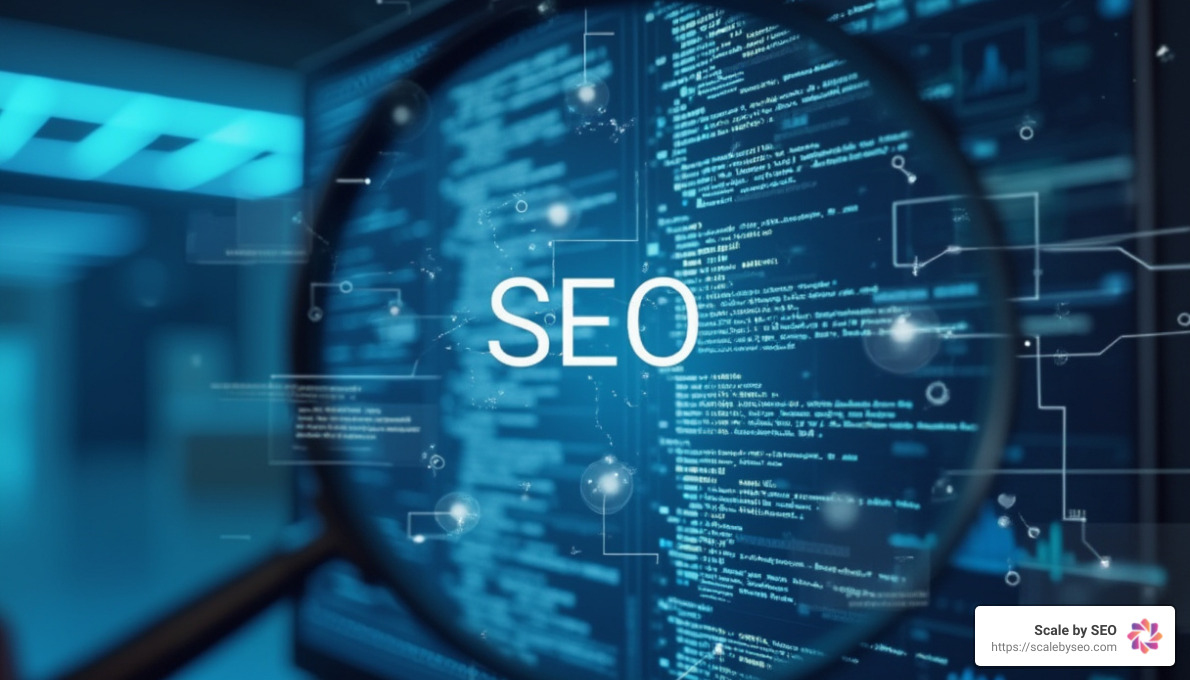 realistic photo of magnifying glass hovering over digital product catalog entries on a screen, with SEO keywords and metrics floating around in a holographic style. Clean, corporate aesthetic with blue accent lighting. High-tech visualization showing search optimization process. - SEO-friendly product descriptions