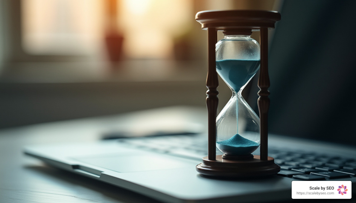 Realistic photo of hourglass on laptop keyboard, with soft natural light streaming through office window - Optimize website loading speed