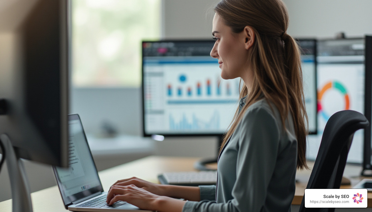 realistic photo of female professional web developer using laptop, SEO analysis tools visible on screen, sitting at clean modern desk with second monitor - seo analysis