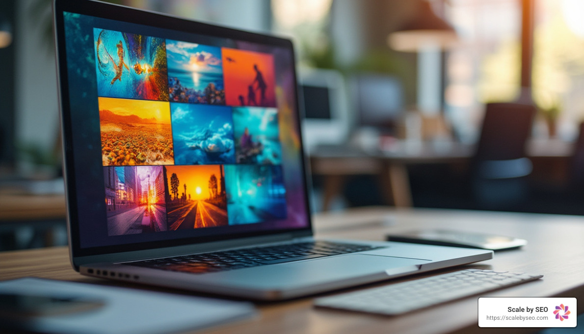 Realistic photo of various images on a laptop screen - Optimize website loading speed