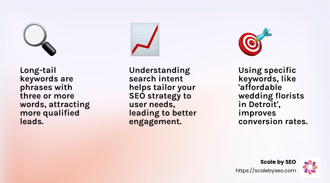 Long-tail keywords help businesses reach specific audiences and improve conversion rates. - seo services near me infographic 3_facts_emoji_light-gradient
