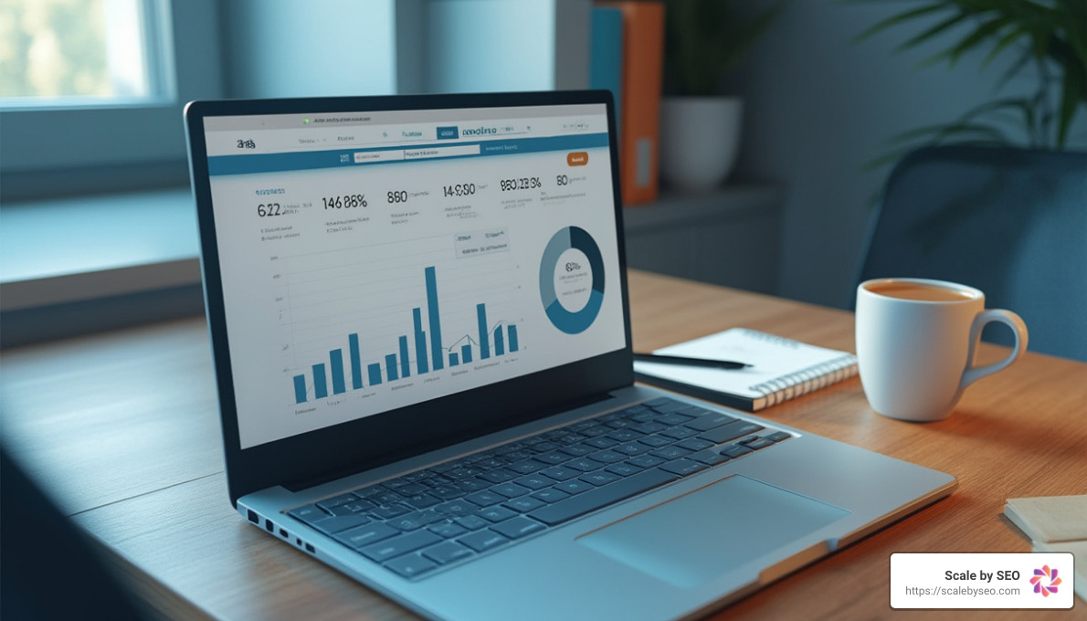 Professional modern office desk with laptop showing SEO analytics dashboard, coffee cup, and notepad with keywords written on it. Clean, minimalist workspace with soft natural lighting. Blue and white color scheme. Photorealistic style. - SEO-friendly product descriptions