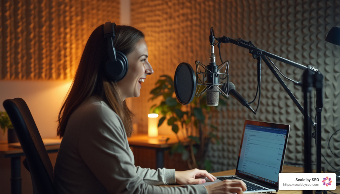 Realistic photo of a person recording a podcast interview about SEO in a small studio - find backlinks free